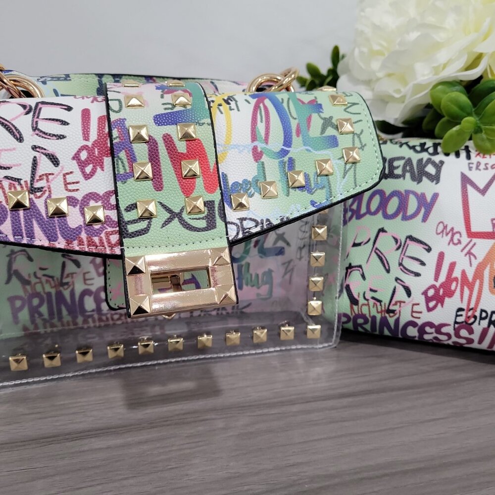 🎁 Graffiti Print Clear 2pc Crossbody Clutch w/ Studs & Removable Zippered Pouch - Picture 7 of 13